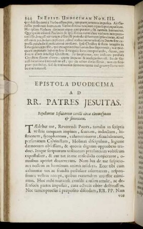 Epistola Duodecima. Ad RR. Patres Jesuitas. Repelluntur Jesuitarum cavilli circa eleemosynam & simoniam