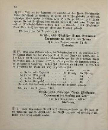 4. Ministerial-Bekanntmachung, die Vergütungssätze für die Naturalverpflegung an die bewaffnete Macht im Frieden im Jahre 1890 betreffend