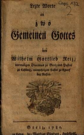 Lezte Worte an zwo Gemeinen Gottes