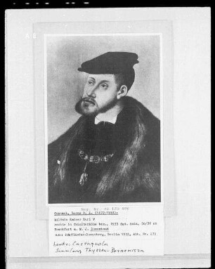 Bildnis Kaiser Karl V : Lukas Cranach der Ältere (1472-1553). Bildnis Kaiser Karls V. (Holz, 51,0 x 36,0 cm, 1533). Reproduktion aus Friedländer-Rosenberg: Die Gemälde des Lukas Cranach, Berlin 1932, Abb. 279