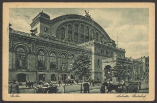 Ansichtskarte "Berlin, Anhalter Banhof", mit Kutsche und Automobil, um 1922