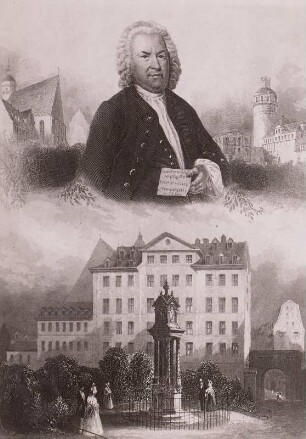 Payne, Albert Henry nach Bibby, H.: Porträt Johann Sebastian Bach mit Notenblatt (vor der alten Thomasschule, Thomaskirche und Pleißenburg), darunter das alte Bach-Denkmal vor der alten Thomasschule. Wohl 1851. Stahlstich, Blattmaß 20,5 x 16,1 cm. Stadtgeschichtliches Museum Leipzig Mü.VIII/76 b