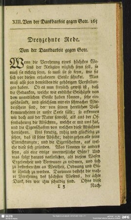Dreyzehnte Rede. Von der Dankbarkeit gegen Gott