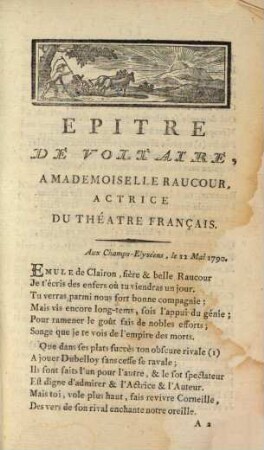 Epître de Voltaire, à mademoiselle Raucour, actrice du Théâtre Français