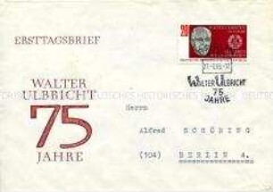 Adressierter Ersttagsbrief mit Sondermarke zum 75. Geburtstag von Walter Ulbricht