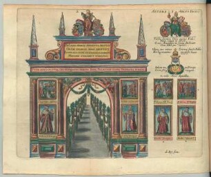 Triumphbogen 2, Taf. n. S. 114 aus: Beschreibung Der Reiß: Empfahung deß Ritterlichen Ordens: Volbringung des Heyraths: vnd glücklicher Heimführung: Wie auch der ansehnlichen Einführung: gehaltener Ritterspiel vnd Frewdenfests: Des ... Herrn ... Friederichen deß Fünften/ Pfaltzgraven bey Rhein ... Mit der ... Princessin/ Elisabethen ... / Mit schönen Kupfferstücken gezieret/ Beschreibung Der Reiß: Empfahung deß Ritterlichen Ordens: Volbringung des Heyraths: und glücklicher Heimführung: Wie auch der ansehnlichen Einführung: gehaltener Ritterspiel und Frewdenfests: Des ... Herrn ... Friederichen deß Fünften/ Pfaltzgraven bey Rhein ... Mit der ... Princessin/ Elisabethen ... 1613. Dresden: SLUB Hist.Rhen.inf.161