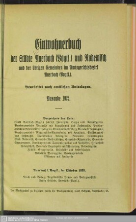 1925: Einwohnerbuch der Städte Auerbach (Vogtl.) und Rodewisch und der übrigen Gemeinden im Amtsgerichtsbezirk Auerbach (Vogtl.)