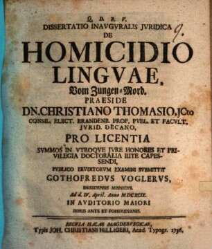 Dissertatio Inavgvralis Jvridica De Homicidio Lingvae : = Vom Zungen-Mord