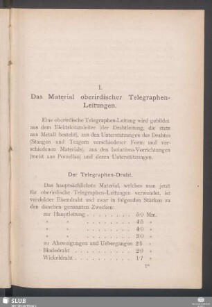 I. Das Material oberirdischer Telegraphen-Leitungen