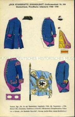 Uniformdarstellung, Detailstudie Fahne, Uniformröcke und Kopfbedeckungen eines Offiziers, eines Grenadiers, eines Tambours und eines Unteroffiziers des Infanterie-Regiments Nr. 31, Königreich Preußen, 1746/1791.