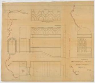 Thiersch, Friedrich von; München; Haus für Handel und Gewerbe - Eingang (Grundriss, Ansicht, Querschnitt, Längsschnitt, Details)