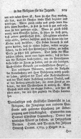 Vernünftiger und christlicher Unterricht in der Religion, für Jünglinge von reiferem Verstande und gesitteter Erziehung.