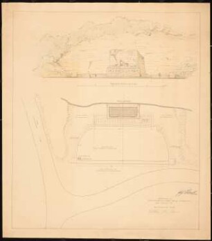 Ehrenmal für gefallene Korpsstudenten des Weltkrieges, Bad Kösen: Lageplan, gleichzeitig Grundriss 1:100; Aufriss der Vorderansicht 1:100