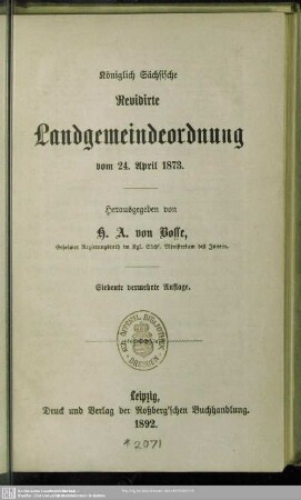 Königlich Sächsische Revidirte Landgemeindeordnung vom 24. April 1873