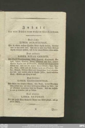 Inhalt der vier Bücher vom wahren Christenthum.
