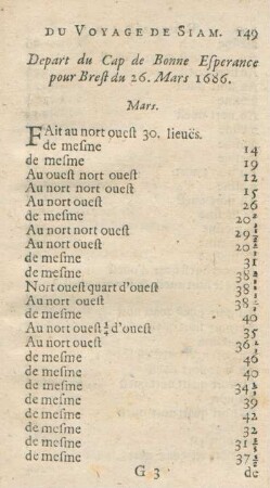 Depart du Cap de Bonne Esperance pour Brest du 26. Mars 1686
