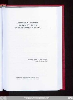 Appendice A L'Ouvrage Turcs Et Juifs Etude Historique, Politique