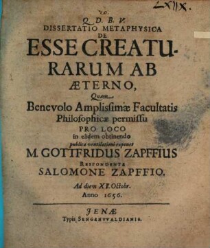 Diss. metaphys. de esse creaturarum ab aeterno