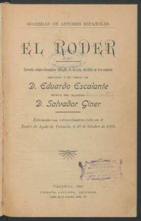 El roder : zarzuela cómico-dramática bilingüe, en un acto, dividido en tres cuadros