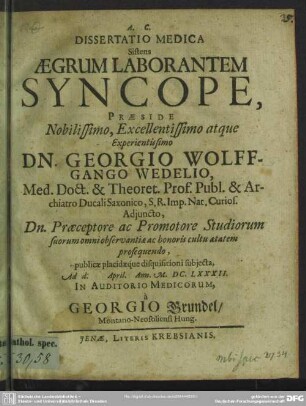 Dissertatio medica sistens aegrum laborantem syncope