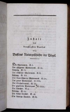 Inhalt des dreyßigsten Bandes von Buffons Naturgeschichte der Vögel.