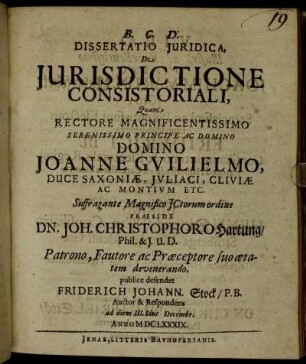 Dissertatio Iuridica, De Iurisdictione Consistoriali