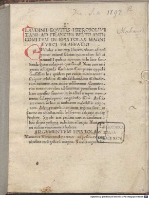 Epistulae magni Turci : mit Vorrede des Autors an Francinus Beltrandus. Mit Gedicht von Antonius Beccadelli