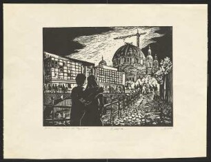 Linolschnitt: Volkmar Götze – Berlin - Am Palast der Republik (1986)