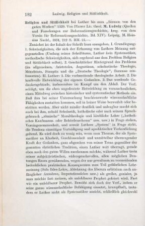 182-183 [Rezension] Ludwig, Martin, Religion und Sittlichkeit bei Luther bis zum "Sermon von den guten Werken" 1520