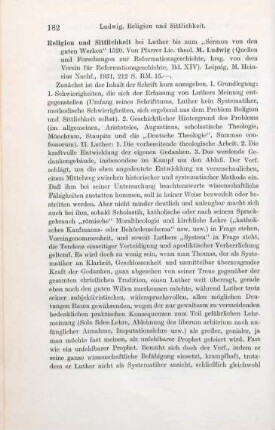 182-183 [Rezension] Ludwig, Martin, Religion und Sittlichkeit bei Luther bis zum "Sermon von den guten Werken" 1520