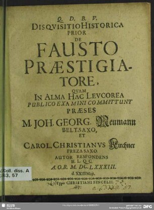 Disquisitio Historica Prior De Fausto Praestigiatore