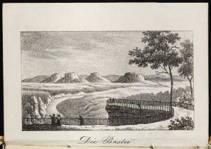 Die Bastei : Die Bastei. (Sächsische Schweiz, Basteiaussicht auf Königstein, Lilienstein, Pfaffenstein) Frontispiz Aus: Wellau, G.: Drei Tage in der Sächsischen Schweiz : zur Erinnerung an dieselbe. 1837 Dresden: SLUB 2016 8 015270