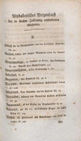 Alphabetisches Verzeichniß der in diesem Jahrgang enthaltenen Materien
