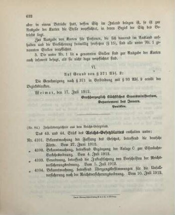 Nr. 84: Inhaltsverzeichnis aus dem Reichs-Gesetzblatt