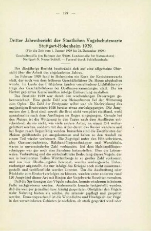 Dritter Jahresbericht der Staatlichen Vogelschutzwarte Stuttgart-Hohenheim 1939