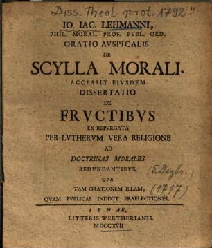 Io. Iac. Lehmanni, Phil. Moral. Prof. Pvbl. Ord. Oratio Avspicalis De Scylla Morali