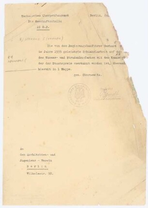 Talsperre für den Hahnenbach bei Kirn Schinkelwettbewerb 1935: Brief an AIV