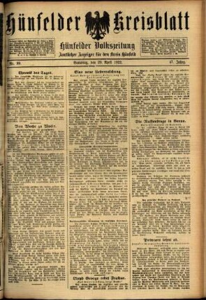 Ausgabe vom Samstag, den 29. April 1922.