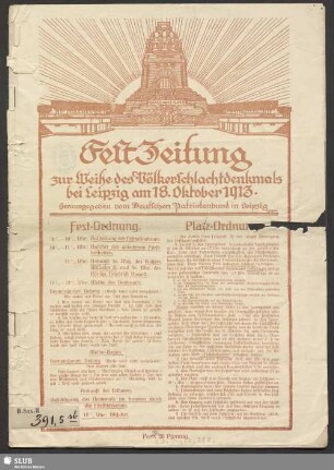 Festzeitung zur Weihe des Völkerschlachtdenkmals bei Leipzig : am 18. Oktober 1913