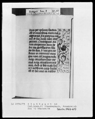 Lateinisch-französisches Stundenbuch — Bordüre mit Eule, Folio 15 recto