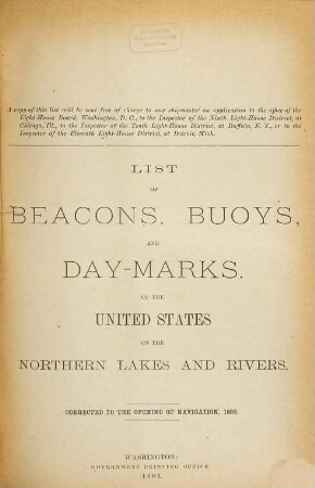 List of beacons, buoys, and day marks of the United States on the Northern lakes and rivers. 1893