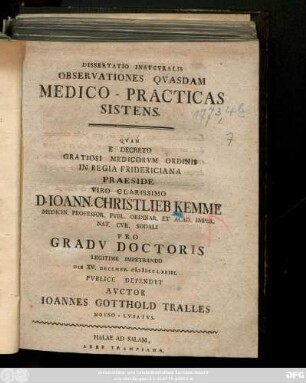 Dissertatio Inavgvralis Observationes Qvasdam Medico-Practicas Sistens.