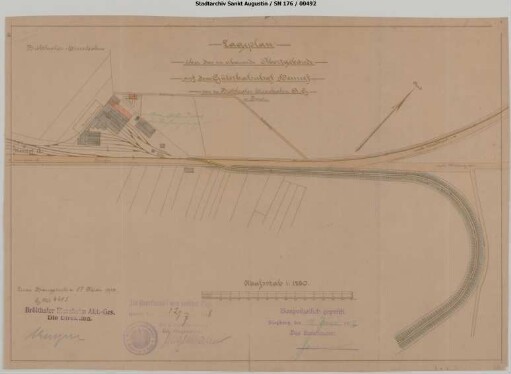 Hennef Güterbahnhof, Werkstatt: Lageplan über das zu erbauende Abortgebäude auf dem Güterbahnhof Hennef