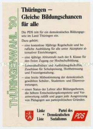 Wahlflugblatt der Linken Liste/PDS zur Landtagswahl in Thüringen 1990