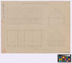 Schwirgsden [Königsgarten] (Darkeim [Landkreis Darkehmen, Angerapp]): Schimagel. [Schweinestall und Schuppen] (Seiten-Ansicht, Querschnitt, Grundriss, Giebel-Ansicht)
