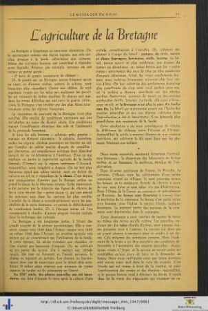 L'agriculture de la Bretagne.