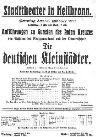 Theaterzettel für eine Aufführung "Die deutschen Kleinstädter" v A. v. Kotzebue im Stadttheater von Schülern des Realgymnasiums und der Oberrealschule zu Gunsten des Roten Kreuzes