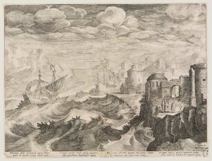 Segelschiff in hohem Wellengang vor einr Stadt