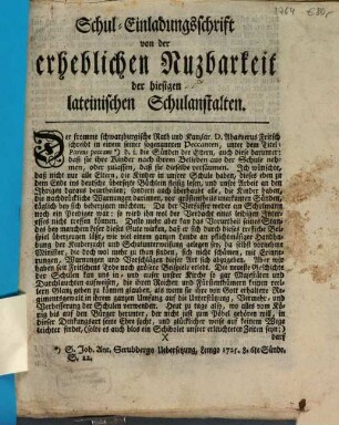 Schul-Einladungsschrift von der erheblichen Nuzbarkeit der hiesigen lateinischen Schulanstalten