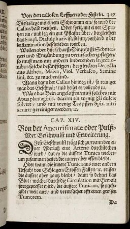 Cap. XIV. Von der Aneurismate oder Pulß-Ader Geschwulst und Erweiterung.